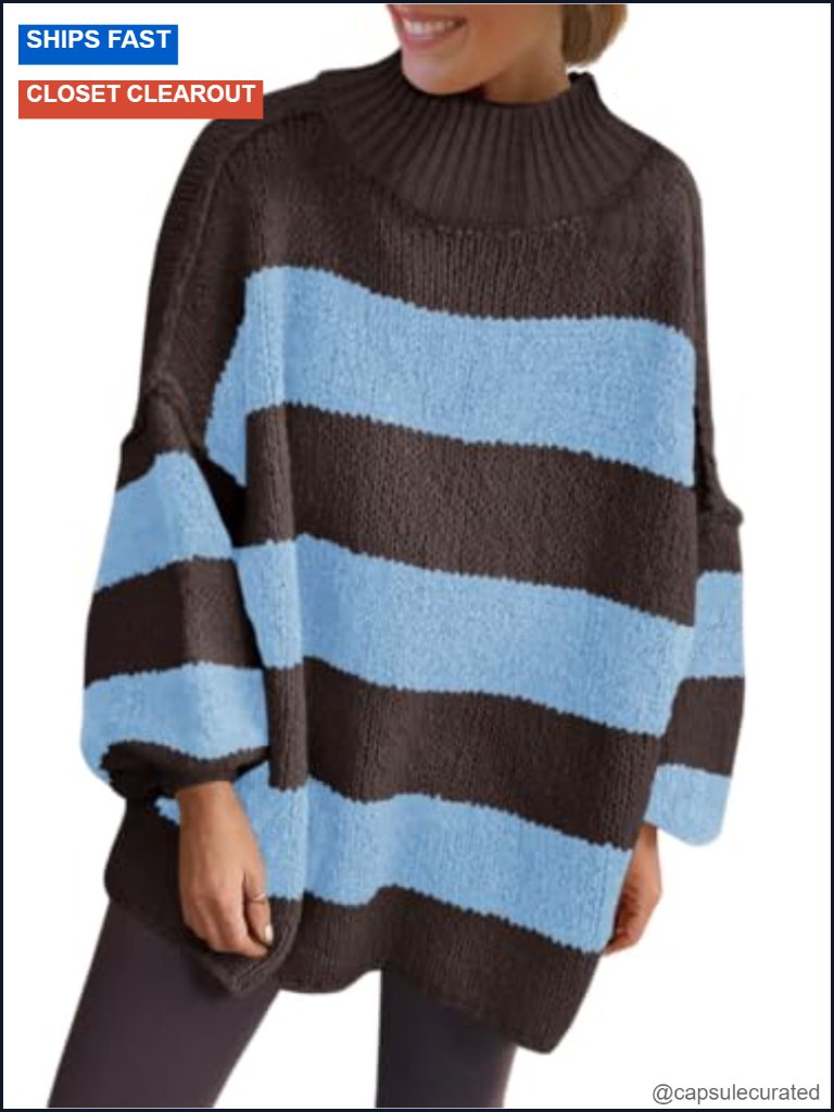 Oversized Striped Mock Neck Chunky Knit Lantern Sleeve Pullover Sweater Tunic